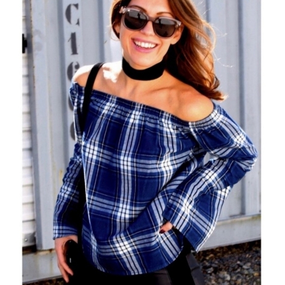 Anthropologie Cloth & Stone Plaid Off The Shoulder Top - Picture 1 of 10